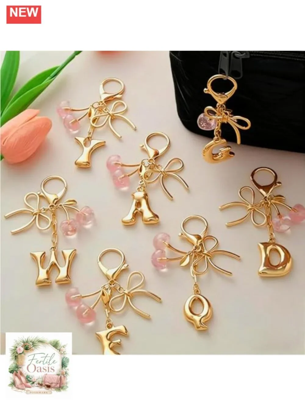 Gold Plated Initial Keychain with Bow and Cherry Charms - Trendy Bag Purse
